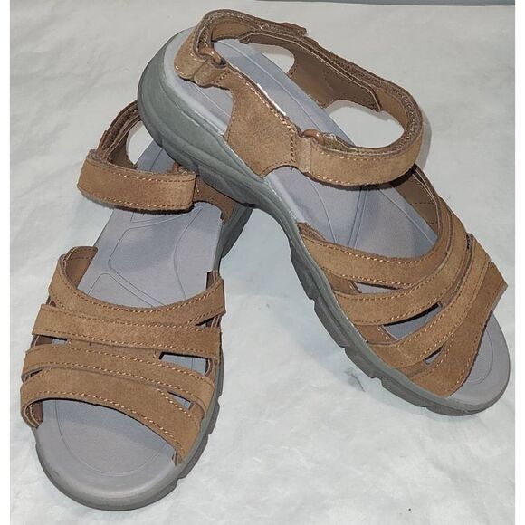 Lands End Tan Warm Tauny Suede All Weather Walking Sandals Womens 7.5D - Picture 2 of 6